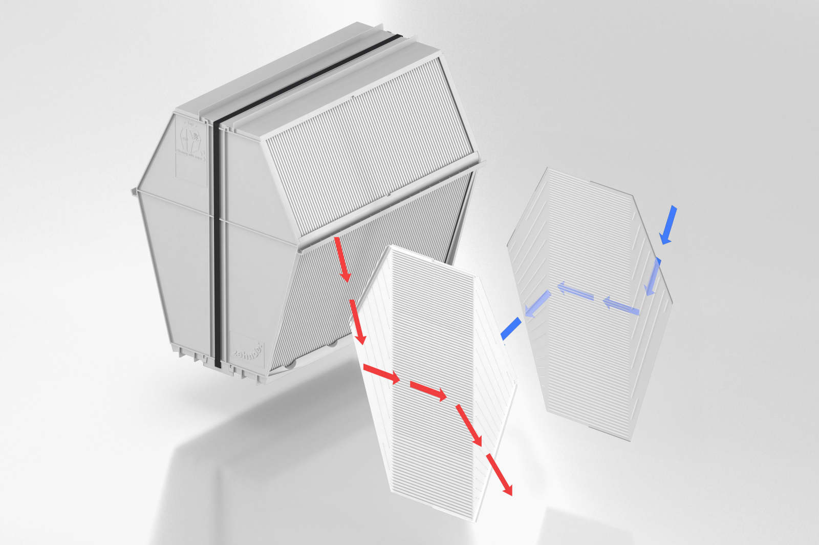 Cut-Out Zehnder Enthalpie Exchanger for ComfoAir Comfortable indoor ventilation Angled view