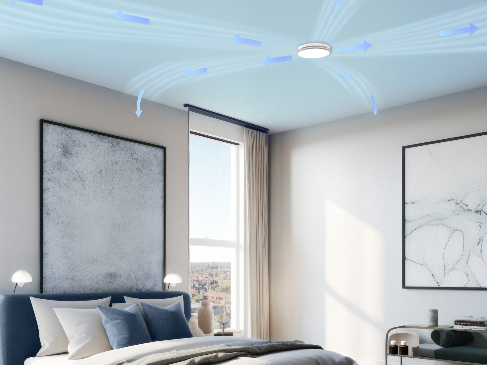 Bedroom with Comfo Valve Luna, Coande Effect on the ceiling, air flow visualised, light and blue pastel colours, base image AdobeStock_597522146,