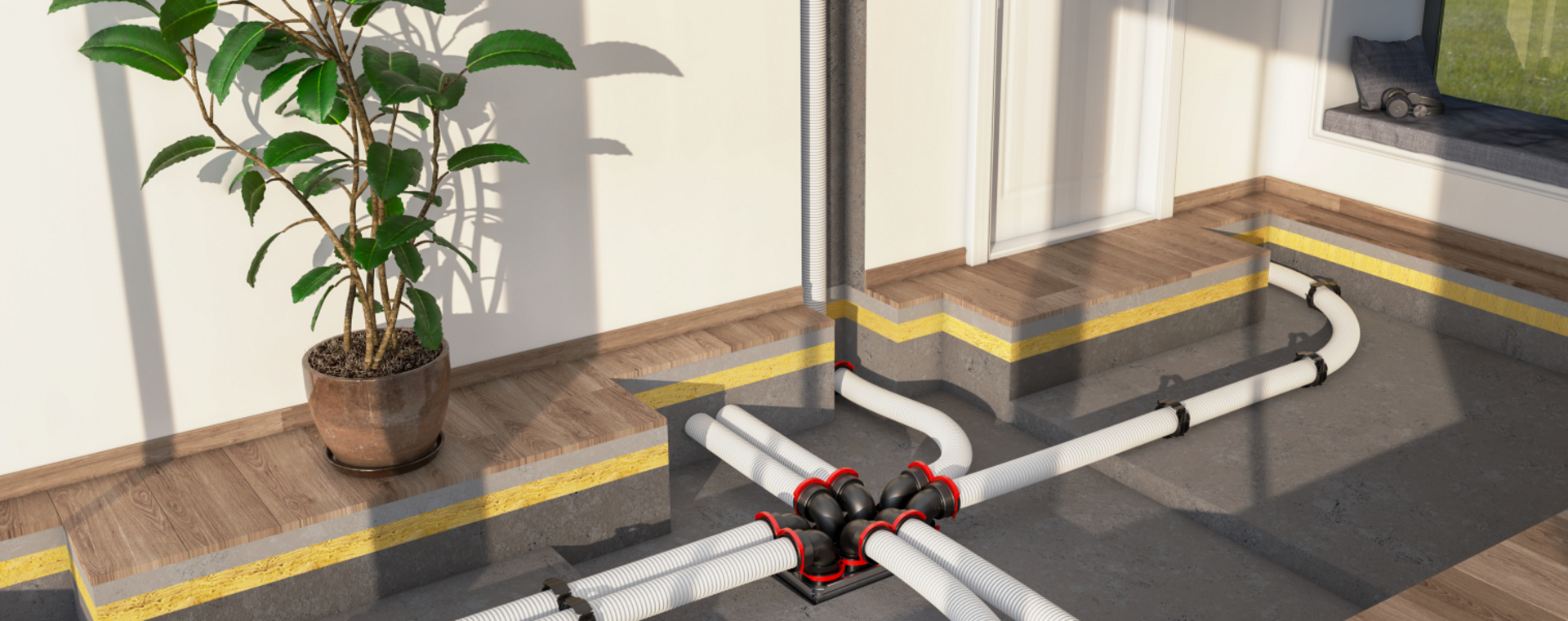 Milieu, living room, open floor, instalation, system, air distribution, parts with rapd lock,