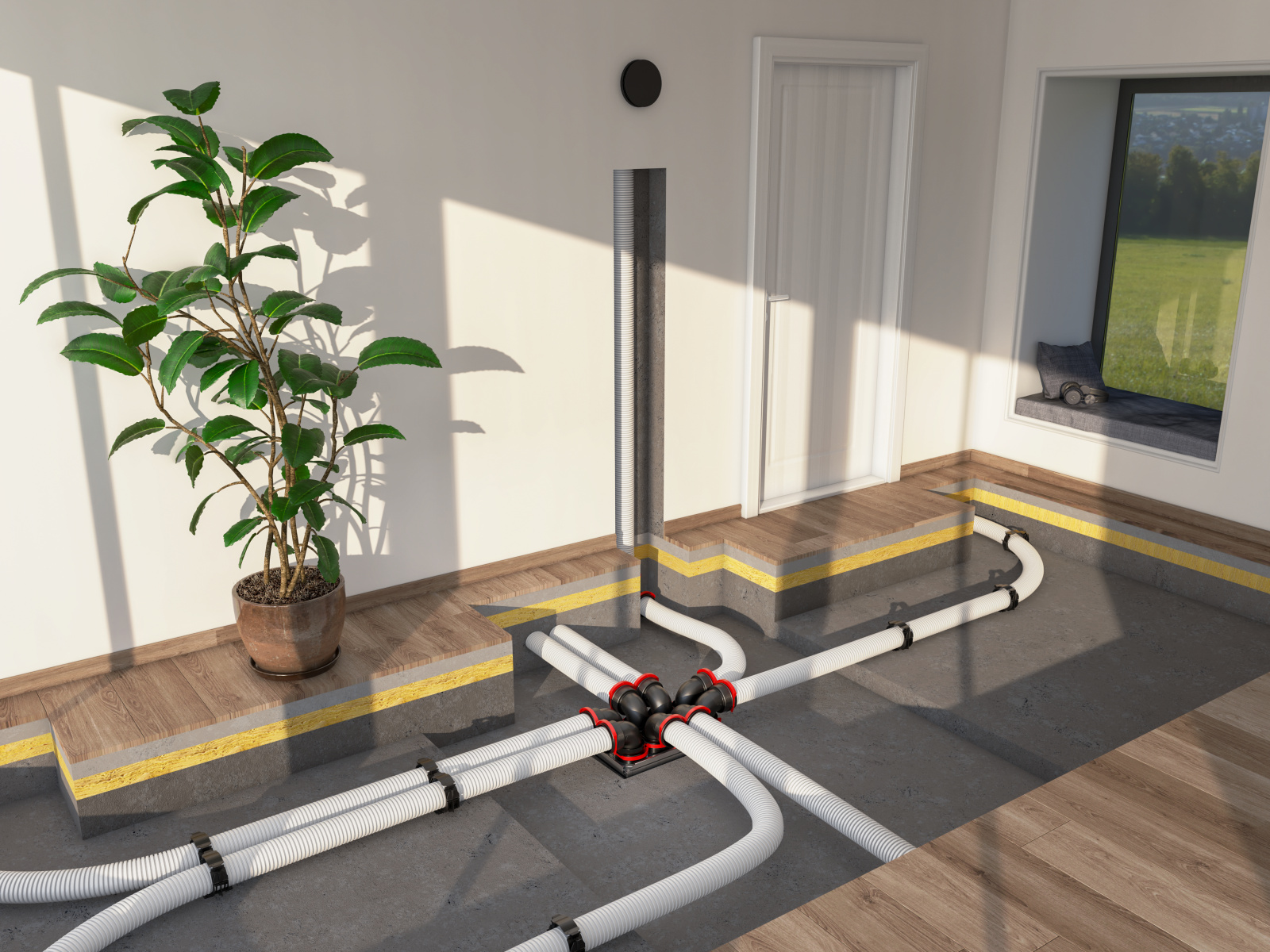 Vizualizace vedení potrubí ComfoTube v obývacím pokoji, s připojením Zehnder RapidLock.