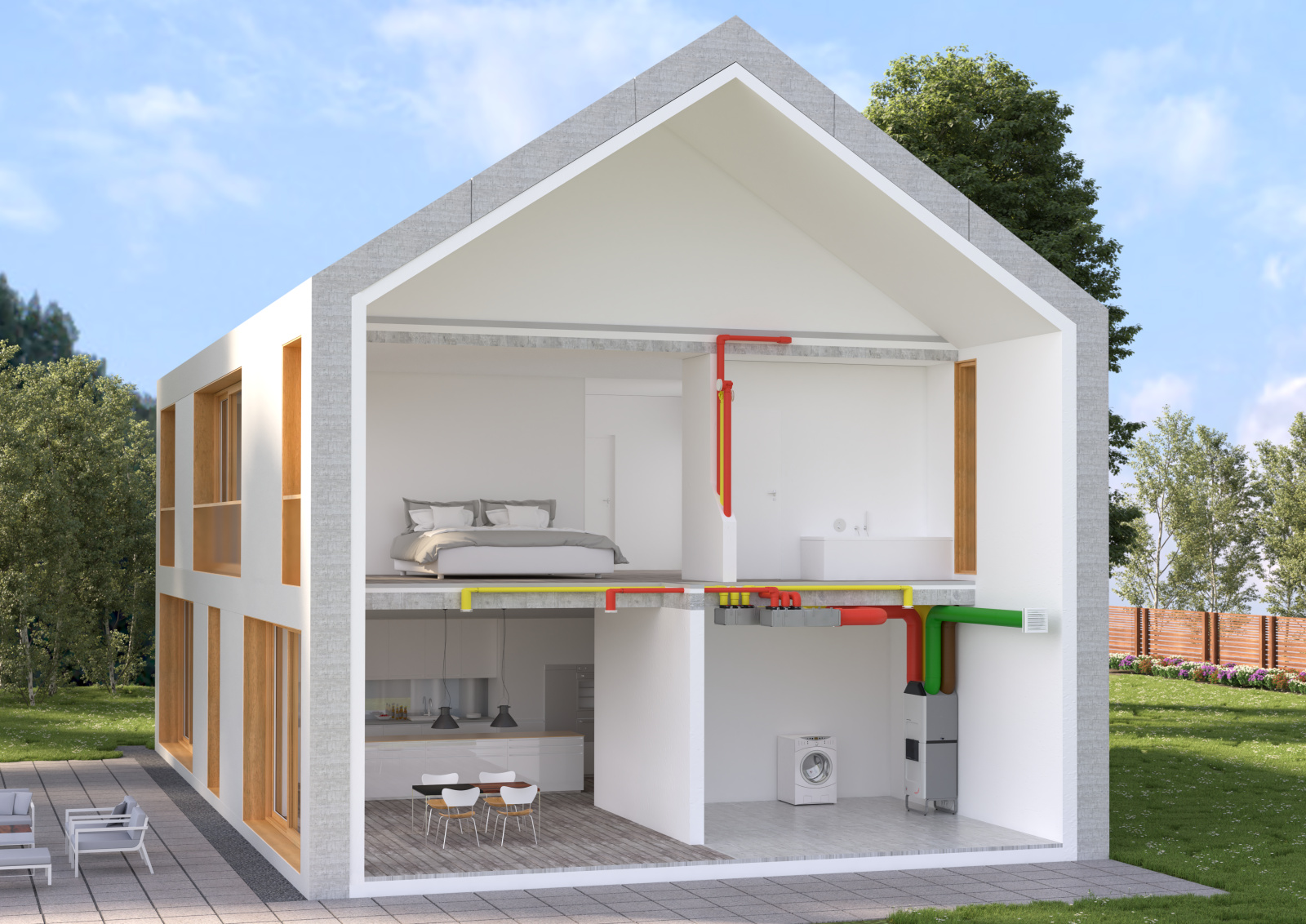 Větrací jednotka Zehnder ComfoAir Q s využitím kulatého i plochého potrubí rozvodu vzduchu v rodinném domě.