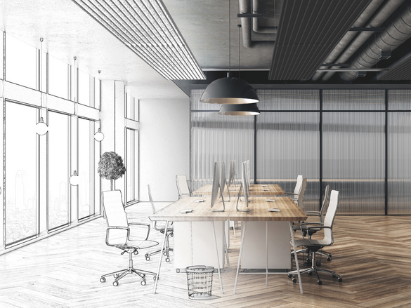 Modern hand drawn meeting room office interior with city view and daylight. Architecture and engineering concept. 3D Rendering