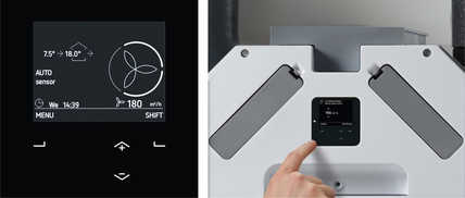 Snadné ovládání větrací jednotky Zehnder ComfoAir Q na displeji.